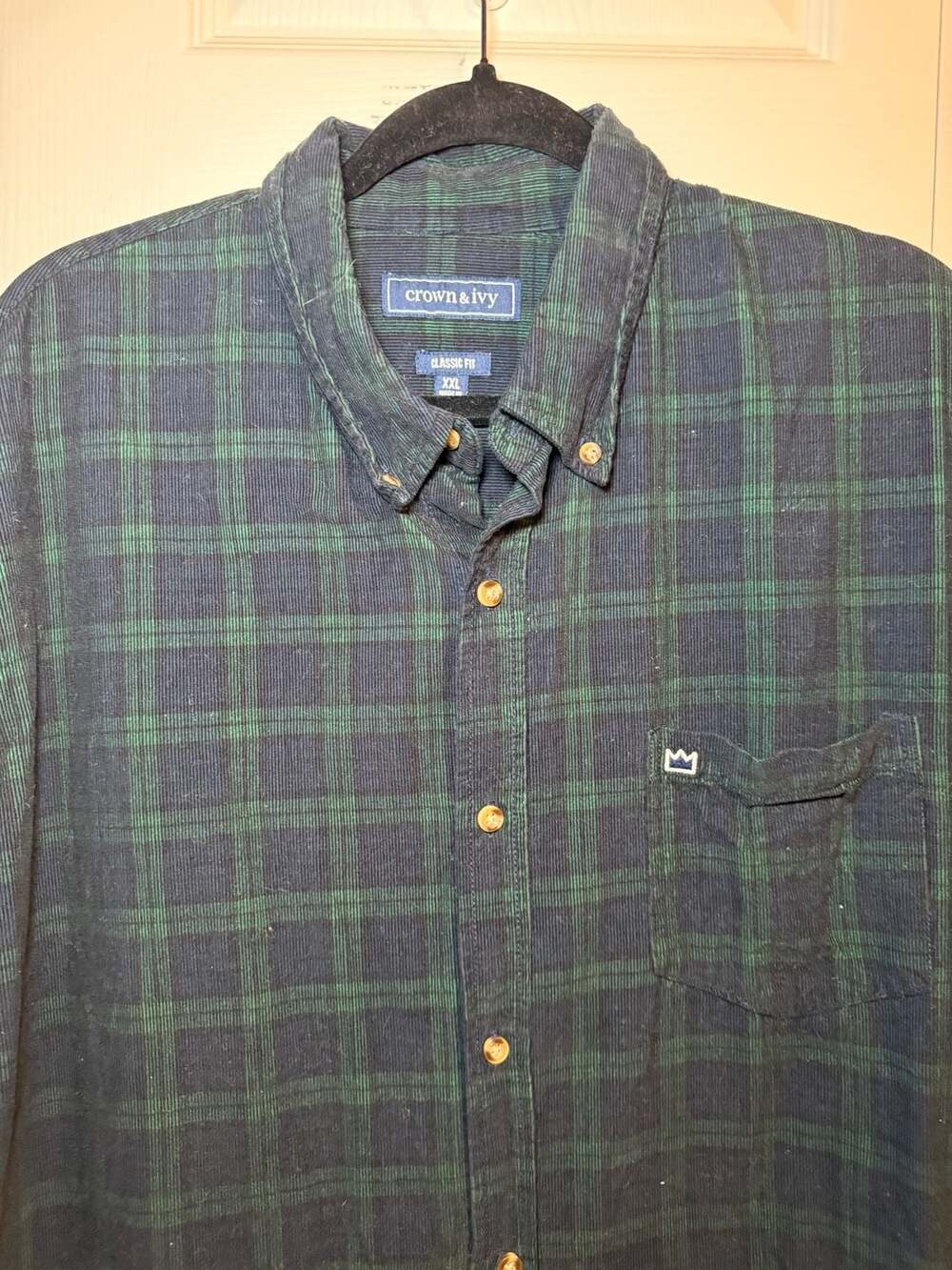 Crown & Ivy Classic Fit Green and Navy Blue Plaid Corduroy Long Sleeve XXL